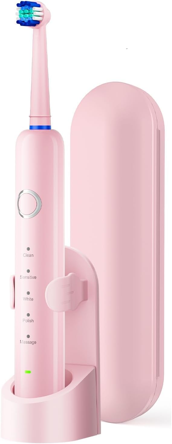 Rotating Electric Toothbrush for Adults, 8 Brush Heads (2 Types) & Travel Case, 5 Cleaning Modes Rechargeable Power Toothbrush with 2-Minute Smart Timer, Pink
