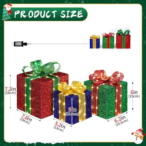 DomKom Set of 3 Christmas Lighted Gift Boxes, 160 Led Light Up Present Decorations, Metal Frame Gift Box with Lighted Bowknot for Xmas Tree Indoor Outdoor Yard Holiday Decor