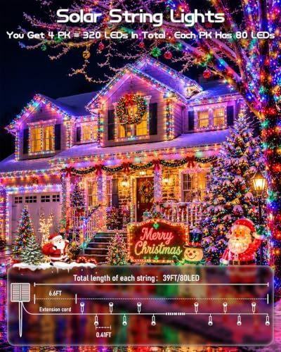 OZS 4 Pack 320 LED Solar String Lights Outdoor Waterproof, Multicolor