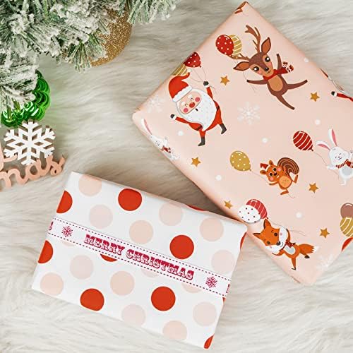 WRAPAHOLIC Reversible Christmas Wrapping Paper - Mini Roll - 17 Inch x 33 Feet - Red and Pink Dancing Santa Claus Reindeer and Colorful Polka Dots Design for Christmas, Holiday, Party