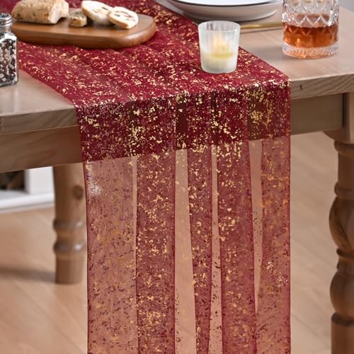 Artoid Mode 2-Pack Burgundy Gold Gauze Table Runner 10FT, Glitter Metallic Foil Sheer Dining Wedding Anniversary Holiday Birthday Table Decor for Home Party