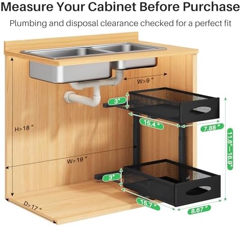 Under Sink Organizer, 2 Pack 2 Tier Pull out Cabinet Organizer Baskets with Mesh Sliding Drawers, Slide out Sink Storage Shelves for Home, Kitchen, Bathroom, Pantry, Office Organizers and Storag,Black