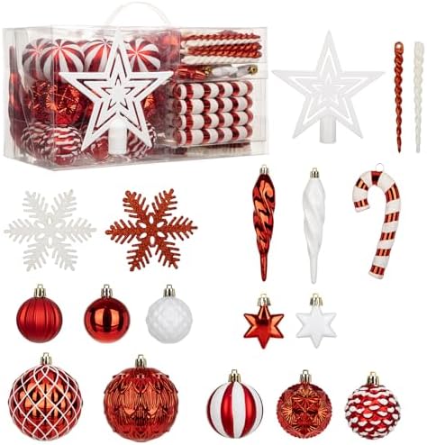 Briful 80ct Red & White Christmas Balls Ornament Set, Plastic Shatterproof Christmas Ornament Balls with Tree Topper Candy Canes Snowflakes for Xmas Tree Wreath Garland Decor