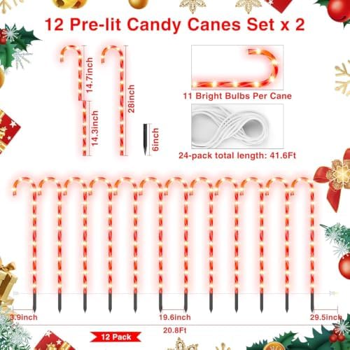 COOLWUFAN 28" 24 Pack Candy Cane Pathway Lights, Outdoor Christmas Decorations