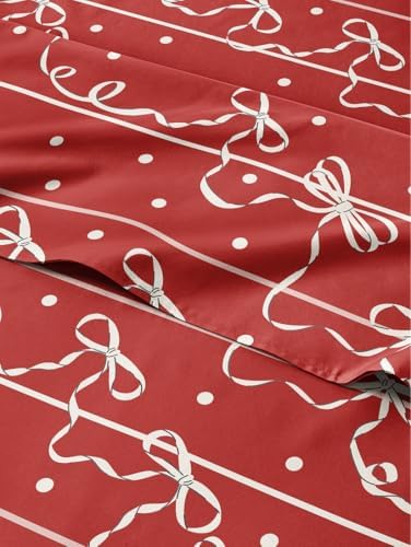 Christmas Sheet Set, Christmas Ribbon, Holiday Xmas Bedding Set - Full Size