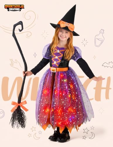 Spooktacular Creations Witch Costume Kids, Light Up Halloween Costumes Witch Dress with Hat and Broom for Girls, Sweet Wizard Set for Toddler Scary Halloween Themed Parties, Orange, S