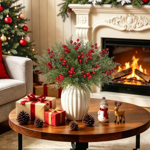 6 Bundles Artificial Christmas Flowers, Norfolk Pine Stems with Red Berries