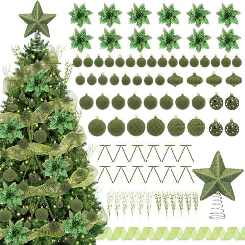 84 Pcs Christmas Tree Decorations Star Topper Ornaments Artificial Poinsettia Flowers Green Balls Velvet Bow Berry Picks Christmas Tree Hanging Ornaments for Xmas Home Office Decorations