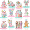 Leinuosen 12 Pcs Christmas Table Decoration Pastel Christmas Tiered Tray Decor Pink Wooden Gingerbread Candy Centerpieces Nutcracker Truck Snowman Signs for Xmas Gift Home Kitchen Coffee Bar Shelf