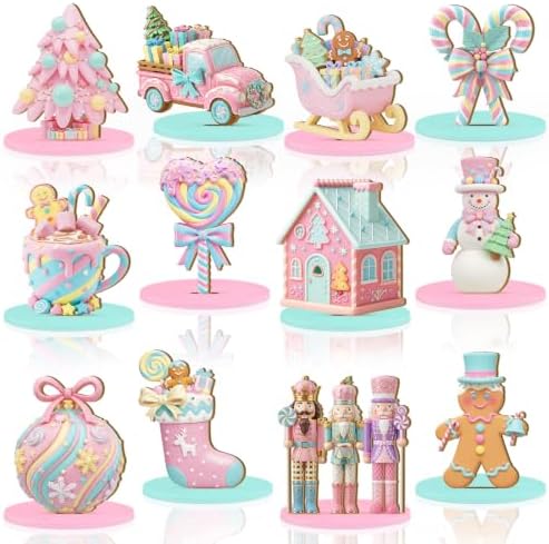 Leinuosen 12 Pcs Christmas Table Decoration Pastel Christmas Tiered Tray Decor Pink Wooden Gingerbread Candy Centerpieces Nutcracker Truck Snowman Signs for Xmas Gift Home Kitchen Coffee Bar Shelf