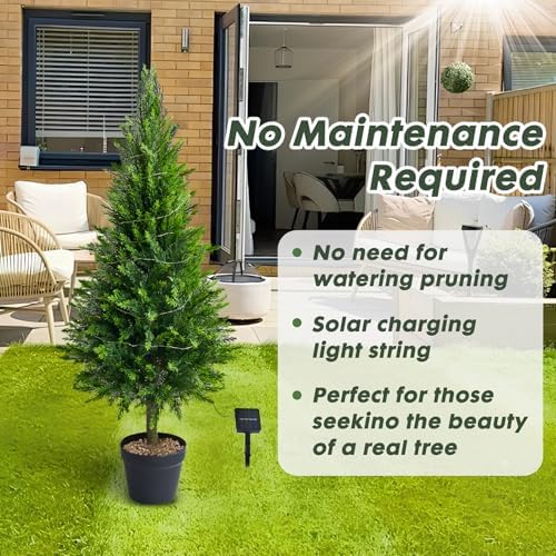 Set of 2 Artificial Cedar Topiary Christmas Trees, 4FT UV-Resistant Faux Cypress Shrubs with Planter — Tall Evergreen Decorative Plants for Outdoor and Indoor Porch, Patio, and Garden