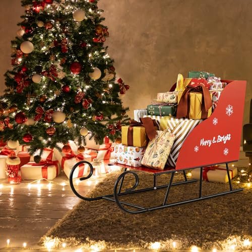 Tangkula Metal Christmas Santa Sleigh Basket, Xmas Santa’s Gift Storage Sleigh, Festive Decorative Sleigh Cart, Holiday Decoration for Home Office Carnival