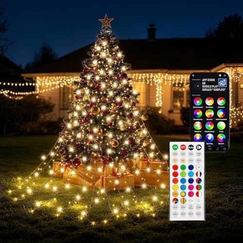 Christmas Tree Lights, 448 LED RGB Color Changing Waterfall Tree Topper Lights, 9.18 ft x 16 Lines, App & Remote Control, Music Sync Timer, 29V Plug-in Lights for Indoor Outdoor Christmas Decor