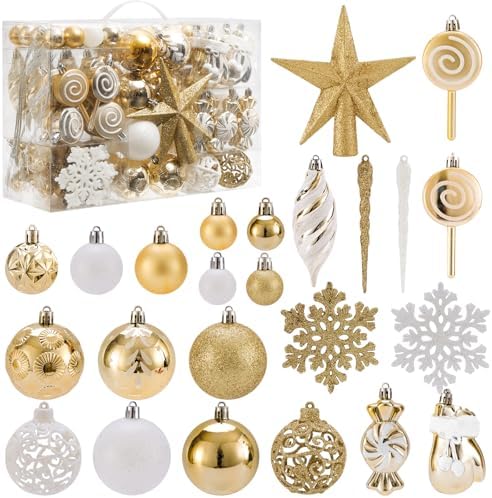 130 Pcs Gold & White Christmas Ball Ornaments, Shatterproof