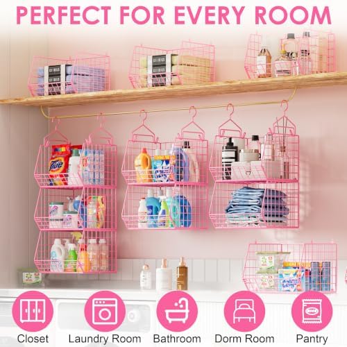 5 Tier Closet Hanging Organizer, Clothes Hanging Shelves with 4 Hanging Hooks 5 S Hooks, Wire Storage Basket Bins, for Clothing Sweaters Shoes Handbags Clutches Accessories Patent Design-Pink