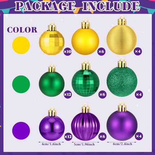 Lunmon 64 Pcs Mardi Gras Christmas Ornaments Purple Yellow Green Xmas Bulbs
