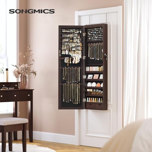 SONGMICS 6 LEDs Mirror Jewelry Cabinet, 47.2-Inch Tall, Lockable
