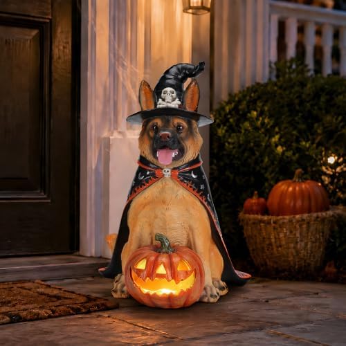 German Shepherd Statue Halloween Decorations Outdoor with LED Pumpkin
