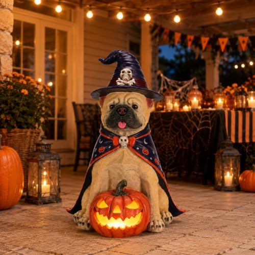 Halloween Large French Bulldog Statue with Glowing Pumpkin,Porch Decor