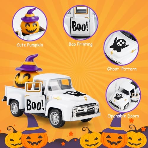 White Halloween Truck Decor, Pumpkin Pickup for Farmhouse Tabletop
