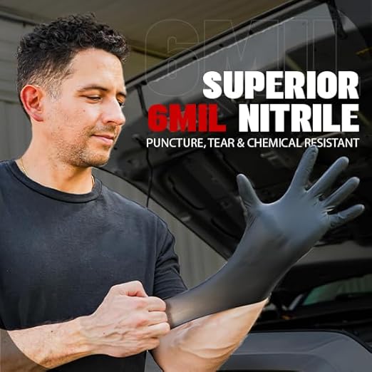 London Labs Heavy Duty 6 Mil Black Nitrile Gloves - Disposable, Latex & Powder Free | Mechanic, Food Prep & Tattoo | Rubber Gloves for Cooking, Cleaning & Household | Pack of (200)