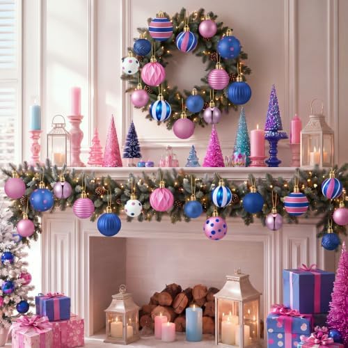Lunmon 64 Pcs Blue Pink Christmas Ball Ornaments Set Cartoon Xmas Baubles
