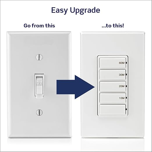Leviton Countdown Timer Switch for Bathroom Fan and Household Lights,10-20-30-60 min,No Neutral Required,Single Pole,15A,1/2HP/9.8A Fan/Motor,DT160-1LW,White,(Pack of 10)