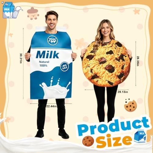 Milk and Cookie Couples Costume for Adults, Funny Halloween Matching Food Cosplay Outfit Set for Men Women, Cute Dessert Theme Party Dress Up Costume
