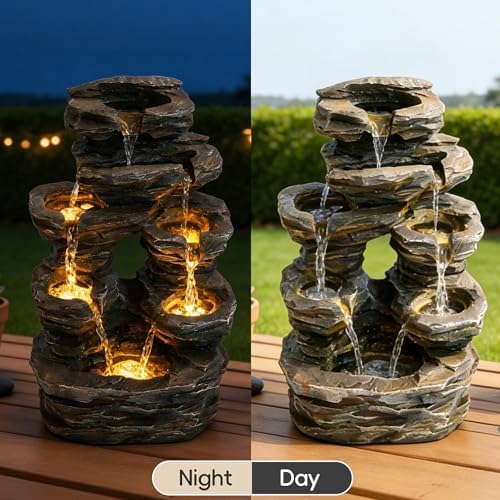 7-Tier Cascading Outdoor Fountain with LED Lights, 23 inch H Fountains and Waterfalls Stone-Look for Garden, Patio, Yard Decor