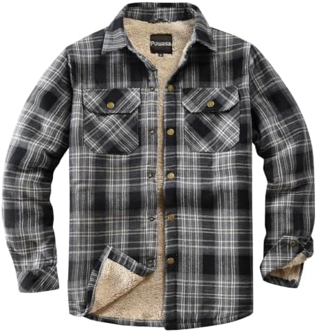 Men's Sherpa Cotton Flannel Shirt Jacket Plaid Button Coat Pocket