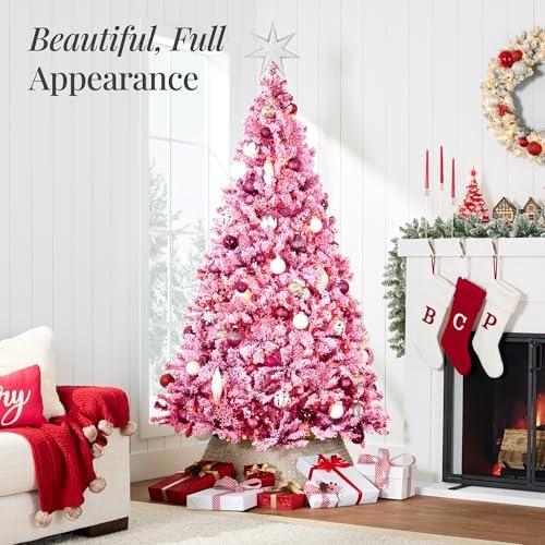 Best Choice Products Artificial Flocked Christmas Tree, 6ft Premium Pre-Lit Colorful Pine Holiday Décor w/250 Twinkle Lights, Metal Base - Pink