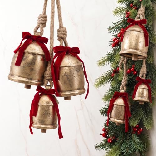 KIBAGA Charming Vintage Christmas Decor Set of 3 Gold Metal Bells