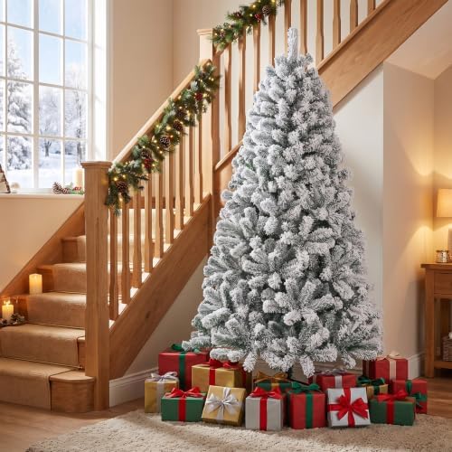 HAPPYGRILL 6 Feet Flocked Christmas Tree Artificial Xmas Tree with 600 PVC Branch Tips, Hinged Xmas Tree Life-Like Seasonal Holiday Tree for Home Office