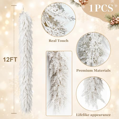 12FT White Christmas Cedar Garland, Realistic Artificial Garland, Winter Snowy Xmas Decorations Indoor Outdoor, Faux Holiday Garland for Mantle, Fireplace, Table, Door, Wedding Party Decor