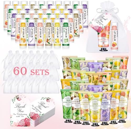 KONEUK 60 Pack Hand Cream Bulk and Lip Balm Bulk Sets, Thank You Gifts