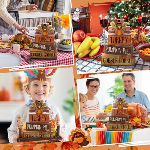 Lineshading 4 Pcs Thanksgiving Table Decoration, Turkey Wooden Block Signs