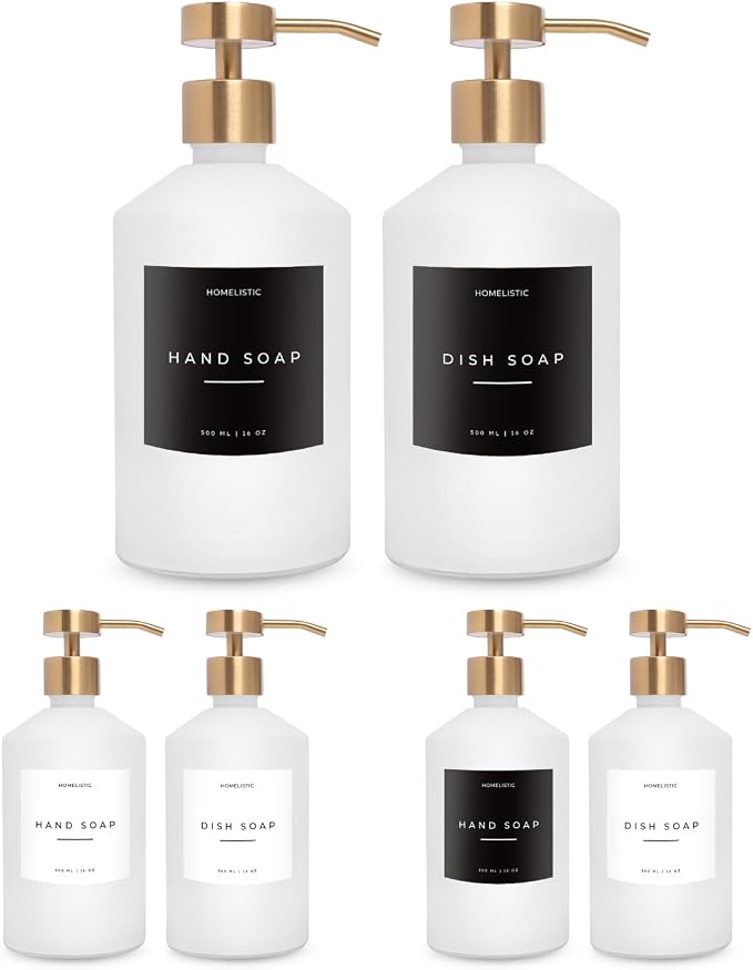 homelistic Matte White Glass Soap Dispenser Set with Champagne Gold Pump – 16oz Refillable Kitchen & Bathroom Soap Dispensers (2 Pack) Rust-Resistant Stainless Steel Pumps, 48 Labels