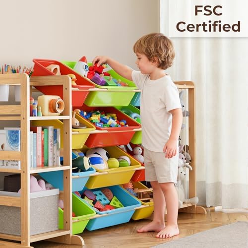 Toy Storage Organizer with Bookshelf and Stuffed Animal Storage - Playroom Organization with 3 Shelves and 16 Bins - Living Room Box for Lego - Nursery Bedroom Decor Essential