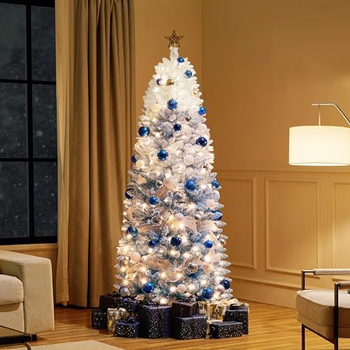 Yaheetech 6ft Pre-lit Snow Flocked Pencil Christmas Tree Lake Blue Gradient