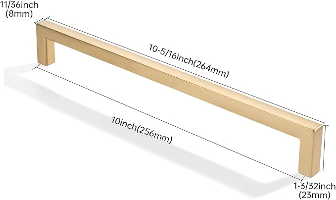 khtumeware 2 Pack 10 inch(256mm) Hole Center Brushed Gold Cabinet Pulls Solid Heavy-Duty Square Matte Gold Cabinet Handles Drawer Pulls Kitchen Cabinet Hardware Kitchen Handle