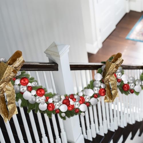 2 Pcs 6 ft Christmas Ball Ornament Garland, Red, White, Silver