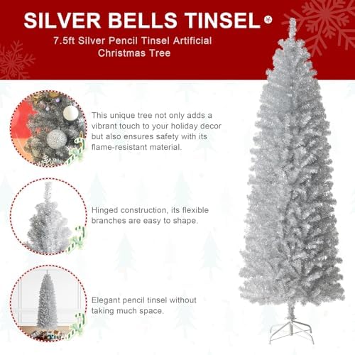 Glitzhome Pencil Tinsel Artificial Christmas Tree, 7.5ft Silver Christmas Tree with 1180 PVC Branch Tips and Foldable Metal Stand for Home Office Party Holiday Decoration