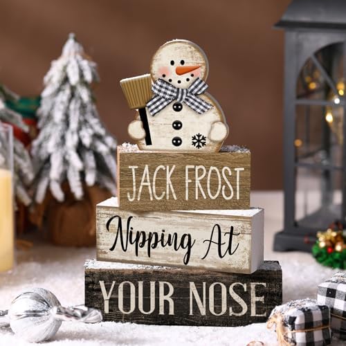 Moucuny 4 Pcs Wooden Block Signs Snowman Farmhouse Table Decoration