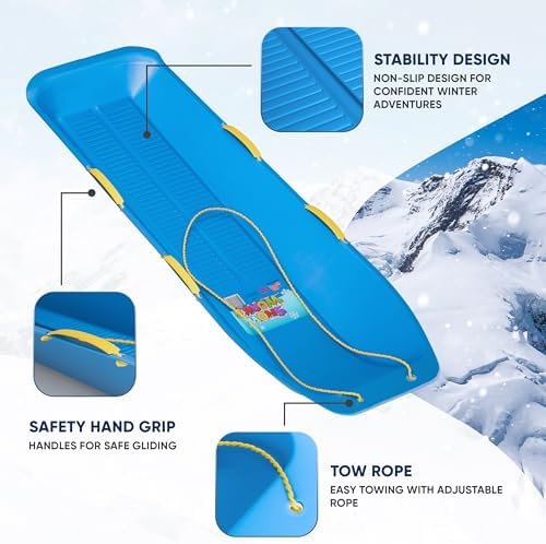 47.5" Toboggan Lifetime Sled: Durable High-Density Plastic Sleds for Adults, Kids, and Teens 2 Person Snow Sleds for Kids and Adults W/Handles and Pull Rope