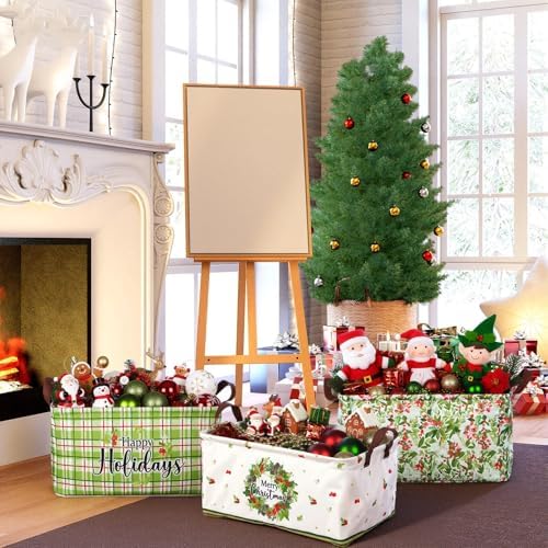 CHENGU 6 Pack Christmas Storage Basket Collapsible Christmas Tree Basket for Gift Green Truck Holiday Decor Large Flower Wreath Bin Foldable Hello Winter Dotted Box with Handle for Bedroom Office Home