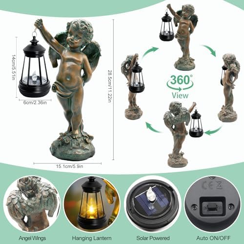 Solar Angel Garden Statues, Outdoor Angel Solar Hanging Lights Waterproof, Birthday Gifts for Mom Women Mother's Day, Cupid Boy Garden Figurines for Yard Decor Patio Porch Lawn Ornaments