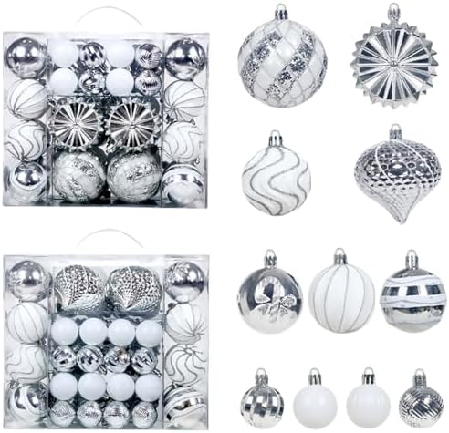 48 Pcs Christmas Balls Ornaments for Christmas Tree, Painted Shatterproof Plastic Decorative Baubles Hanging Ornaments for Xmas Tree Wreath Holiday Party Wedding Decoration, Silver White