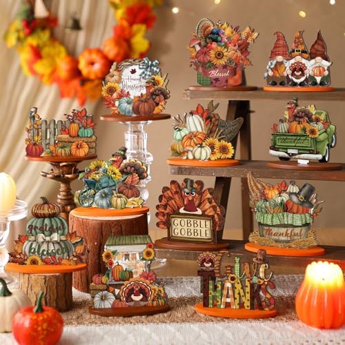 Leinuosen 12 Pcs Fall Decorations for Home Wooden Turkey Decor Thanksgiving Table Decorations Fall Centerpiece Maple Leaves Pumpkin Turkey Wooden Block Sign for Harvest Party Home Tiered Tray