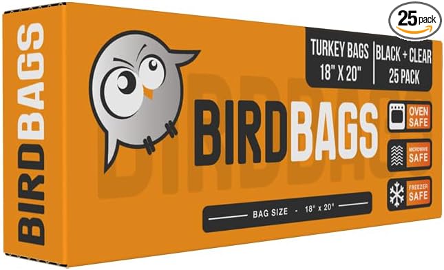 BirdBags Turkey Bags, 18” x 20” 25 Pack, Black & Clear USA & EU-Approved, Freezer & Oven Safe, Great Heat-Safe 450*F Perfect for Cooking in Ovens & Brining, Heavy Duty Cook Bag for Turkeys