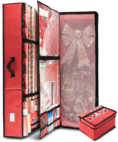 Hearth & Harbor Wrapping Paper Storage Container - Christmas Storage Bag with Ribbon Dispenser and Interior Pockets - Gift Wrap Organizer Fits Up to 26 Rolls of 40" Length, Red